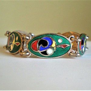 Antique European Designer Sterling Silver Guilloche Enamel Tennis Bracelet